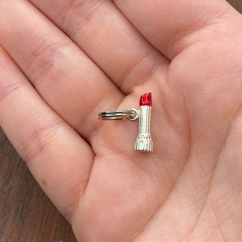 Vintage 925 Sterling Silver Enamel Red Lipstick Make Up Pendant Bracelet Charm